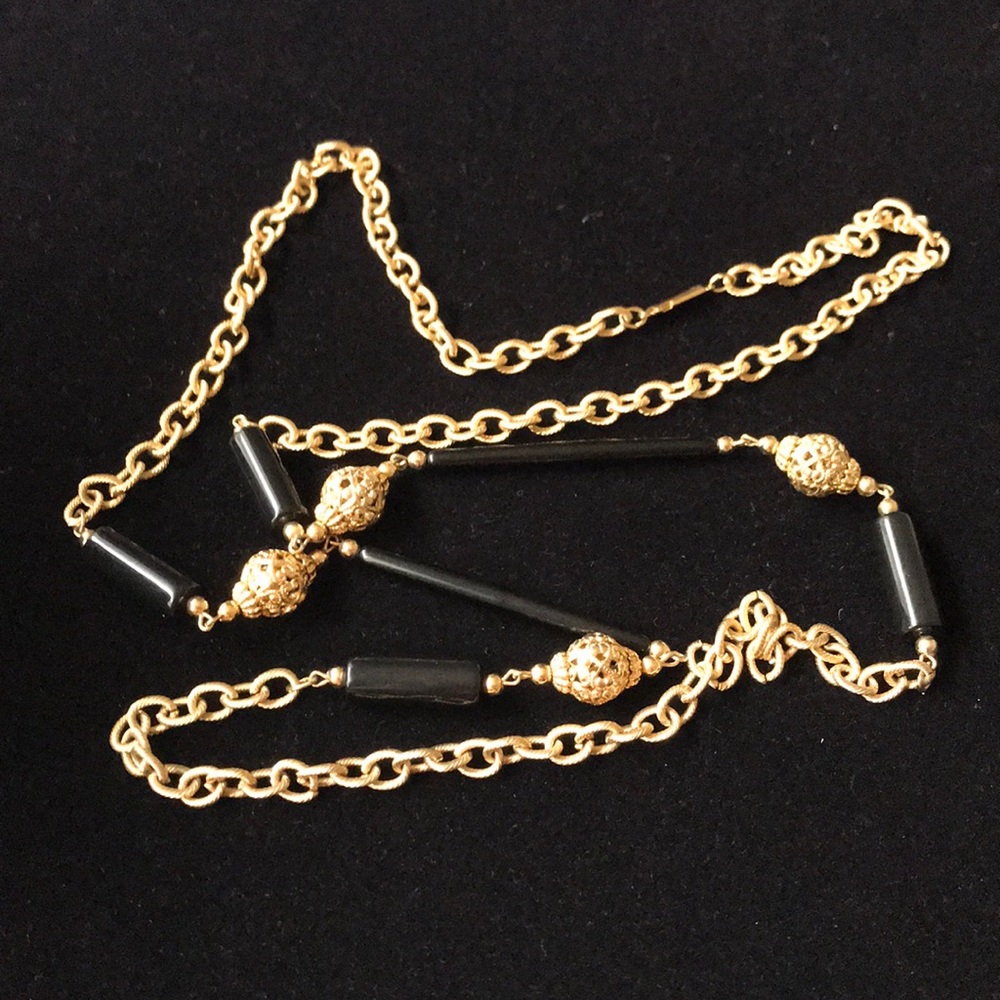 Vintage gold tone bead & black bead Long Necklace